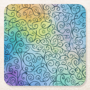 Whimsical black Swirl Pattern Abstract Colourful Square Paper Coaster