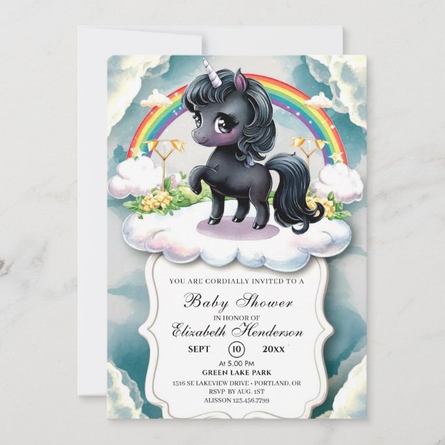 Whimsical Black Unicorn Baby Shower Invitation (Front)