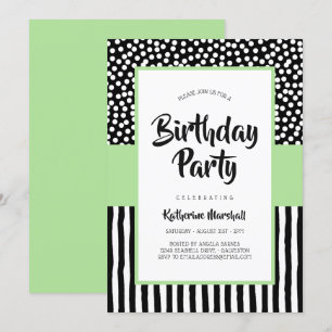 Whimsical Black White and Green Birthday Invitation