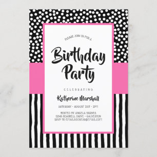 Whimsical Black White and Pink Birthday Invitation