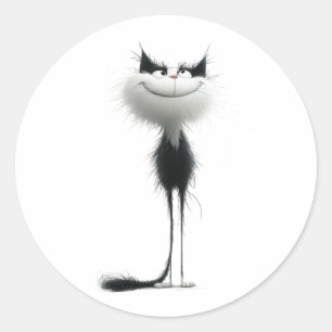 Whimsical Black White Grinning Cat Illustration Classic Round Sticker