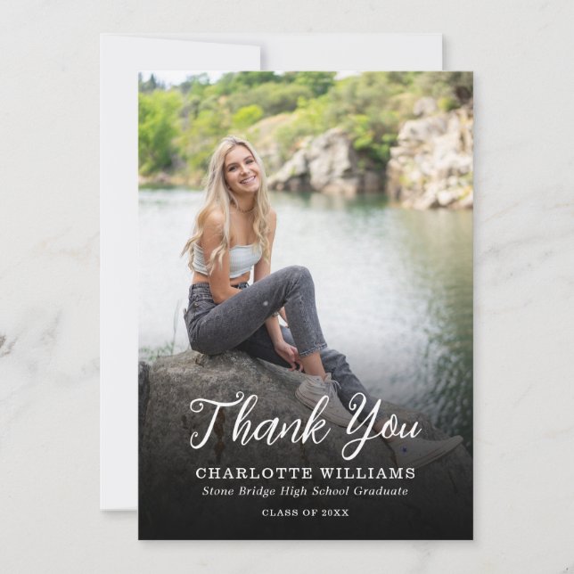 Whimsical Black White Photo Graduation Thank You Card (Front)