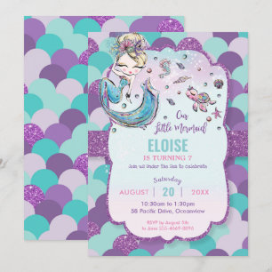 Whimsical Blonde Mermaid Birthday Party Purple Invitation