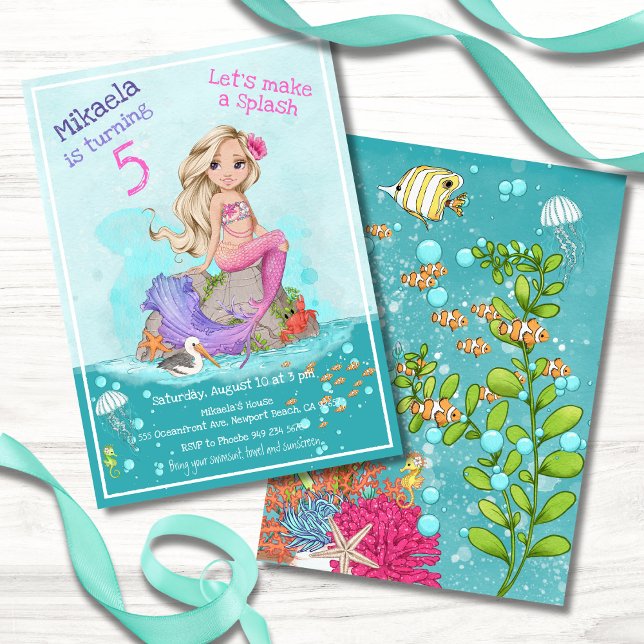 Whimsical Blonde Pink Mermaid Girl Birthday Party Invitation (Creator Uploaded)