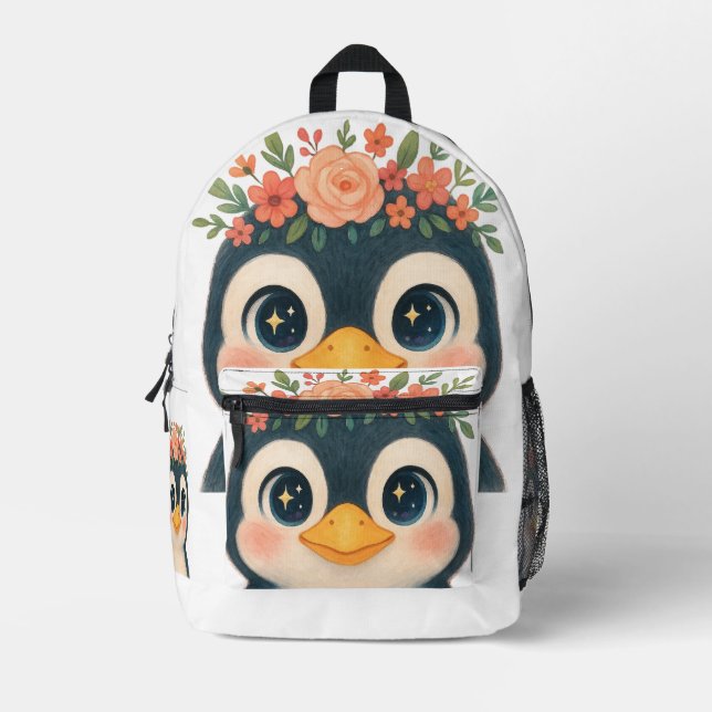 Whimsical Bloom Penguin Printed Backpack (Front)