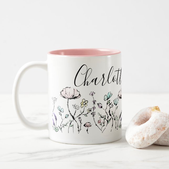 Whimsical Blooms of Beauty Botanical Wild Flowers  Two-Tone Coffee Mug (With Donut)