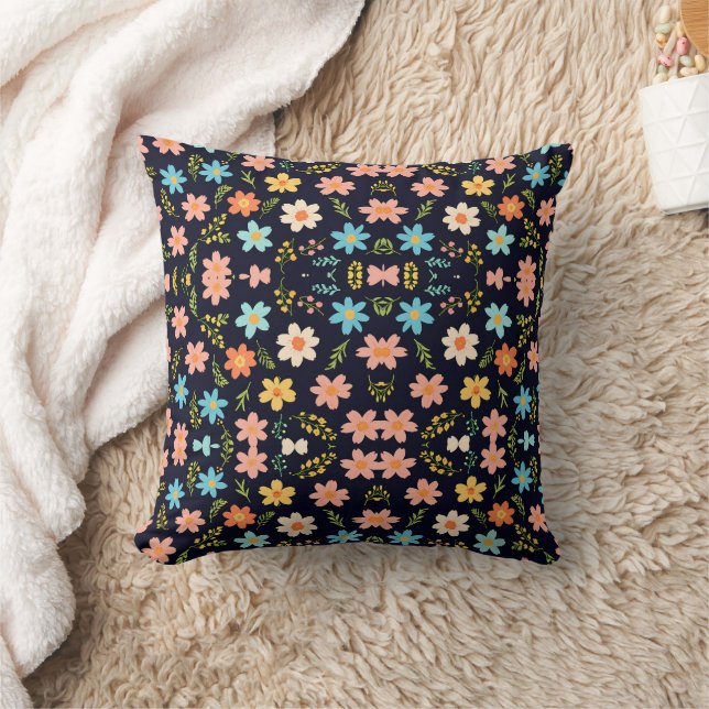 Whimsical Blossoms on Midnight Blackground Cushion (Blanket)