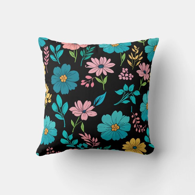 Whimsical Blossoms on Midnight Blackground Cushion (Back)