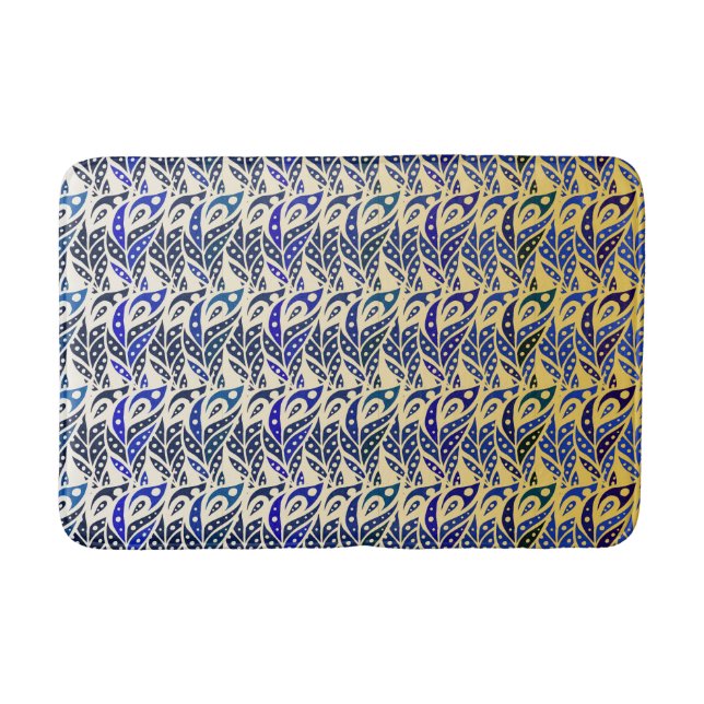Whimsical blue and gold peacock feather pattern bath mat (Front)