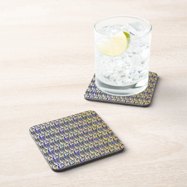 Whimsical blue and gold peacock feather pattern coaster (Right Side)