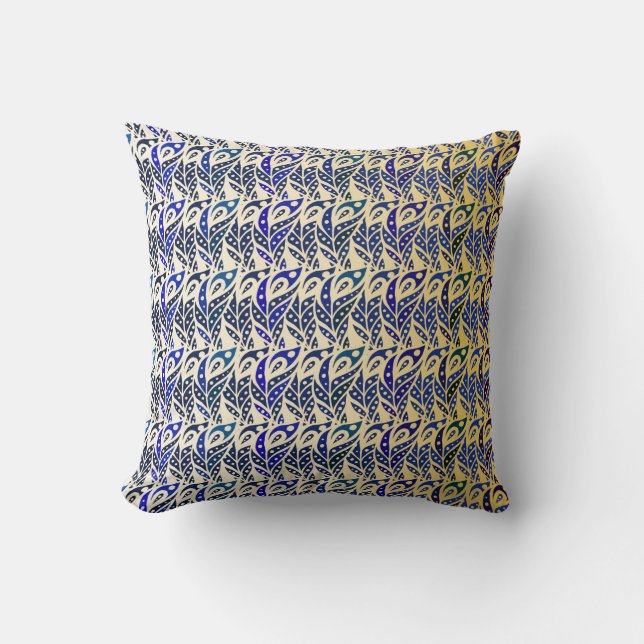 Whimsical blue and gold peacock feather pattern cushion (Front)