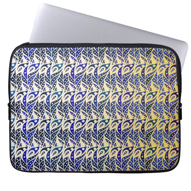 Whimsical blue and gold peacock feather pattern laptop sleeve (Front)