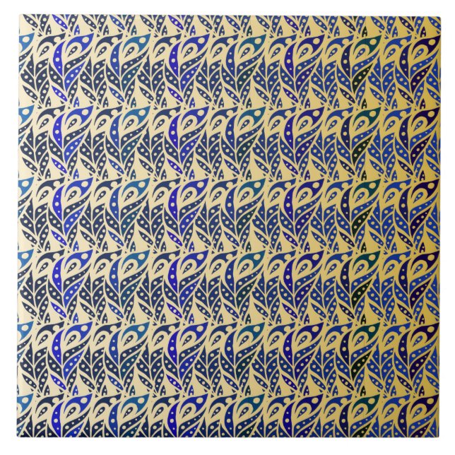 Whimsical blue and gold peacock feather pattern tile (Front)