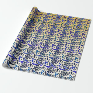 Whimsical blue and gold peacock feather pattern wrapping paper