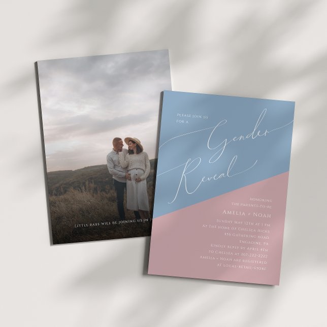 Whimsical Blue and Pink Photo Baby Gender Reveal  Invitation (Creator Uploaded)