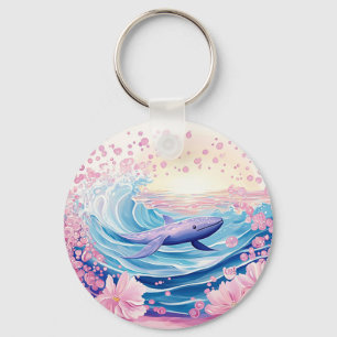 Whimsical Blue And Pink Whale Art Key Ring