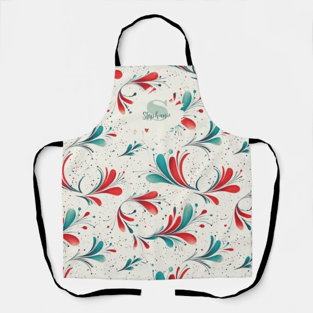 Whimsical Blue and Red Paisley Leaf Pattern (2) Apron (Front)