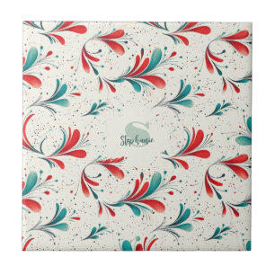Whimsical Blue and Red Paisley Leaf Pattern (2) Ceramic Tile