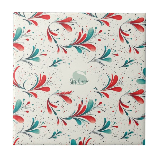 Whimsical Blue and Red Paisley Leaf Pattern (2) Ceramic Tile (Front)