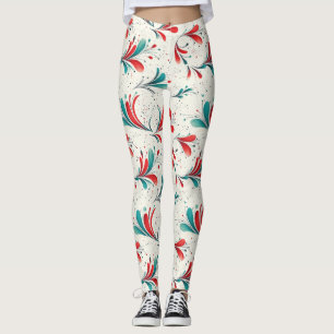 Whimsical Blue and Red Paisley Leaf Pattern (2) Leggings