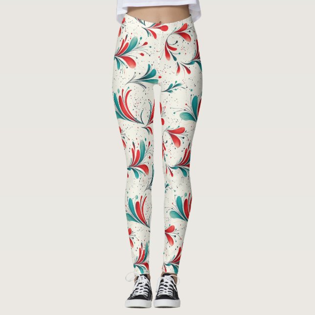 Whimsical Blue and Red Paisley Leaf Pattern (2) Leggings (Front)
