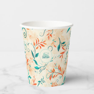 Whimsical Blue and Red Paisley Leaf Pattern (2) Paper Cups