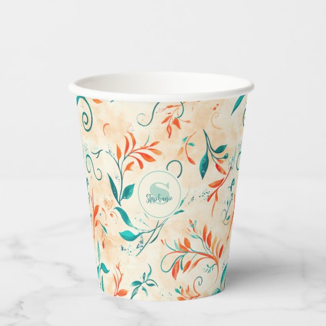 Whimsical Blue and Red Paisley Leaf Pattern (2) Paper Cups (Front)