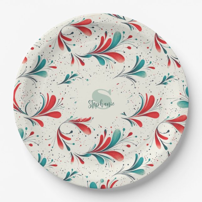 Whimsical Blue and Red Paisley Leaf Pattern (2) Paper Plate (Front)