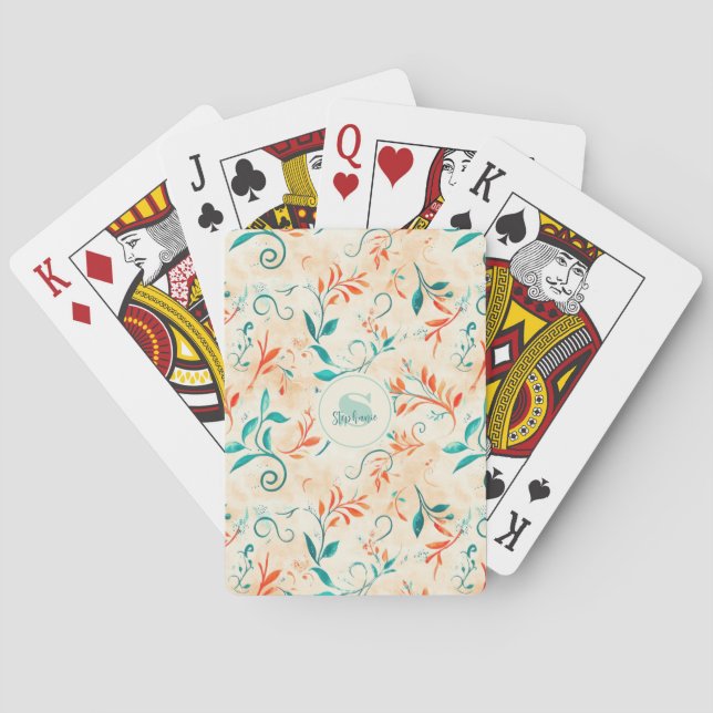 Whimsical Blue and Red Paisley Leaf Pattern (2) Playing Cards (Back)