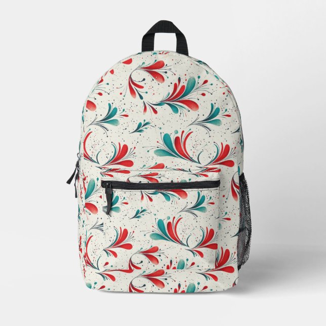 Whimsical Blue and Red Paisley Leaf Pattern (2) Printed Backpack (Front)