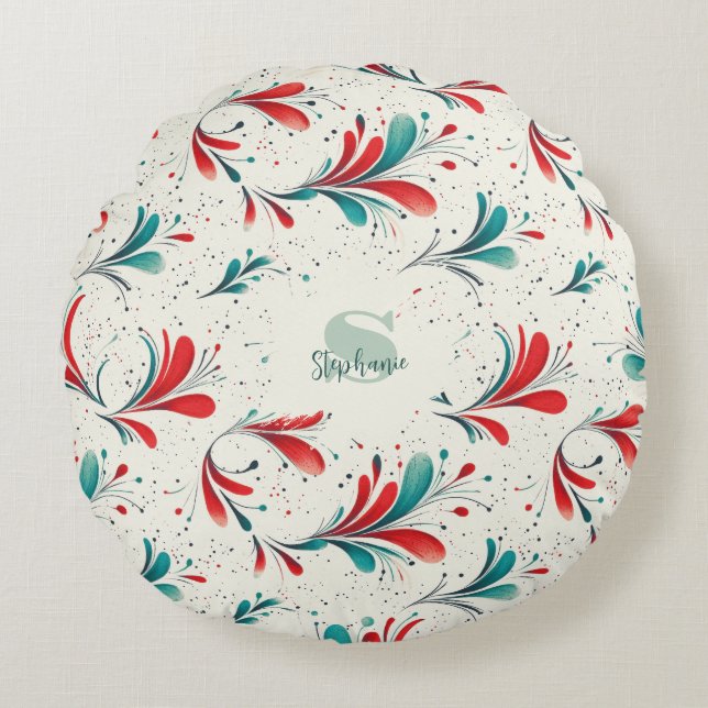 Whimsical Blue and Red Paisley Leaf Pattern (2) Round Cushion (Front)