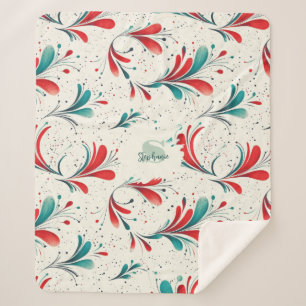 Whimsical Blue and Red Paisley Leaf Pattern (2) Sherpa Blanket