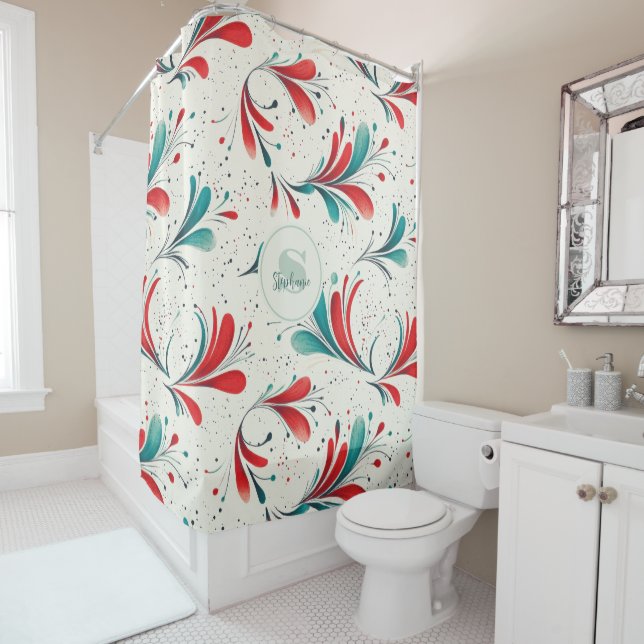 Whimsical Blue and Red Paisley Leaf Pattern (2) Shower Curtain (In Situ)