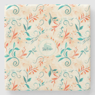 Whimsical Blue and Red Paisley Leaf Pattern (2) Stone Coaster