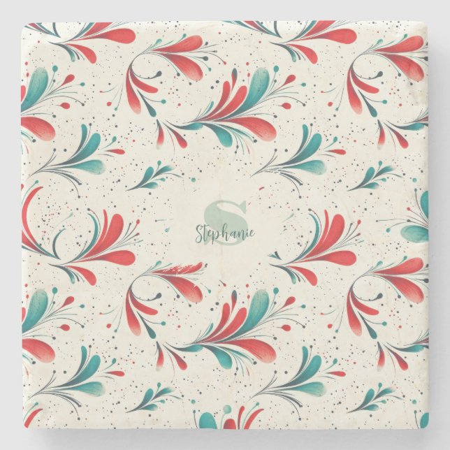 Whimsical Blue and Red Paisley Leaf Pattern (2) Stone Coaster (Front)