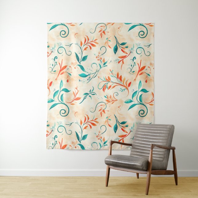 Whimsical Blue and Red Paisley Leaf Pattern (2) Tapestry (In Situ)