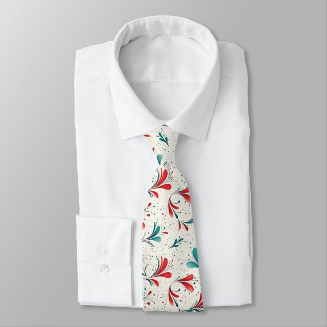 Whimsical Blue and Red Paisley Leaf Pattern (2) Tie (Tied)