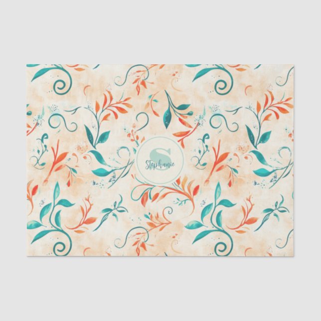 Whimsical Blue and Red Paisley Leaf Pattern (2) Tissue Paper (Front)