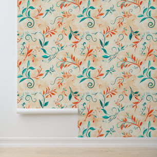 Whimsical Blue and Red Paisley Leaf Pattern (2) Wallpaper