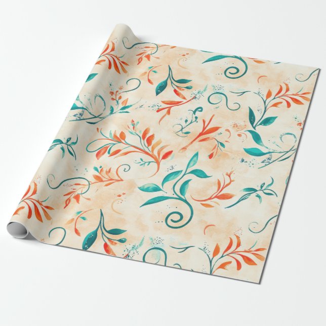 Whimsical Blue and Red Paisley Leaf Pattern (2) Wrapping Paper (Unrolled)