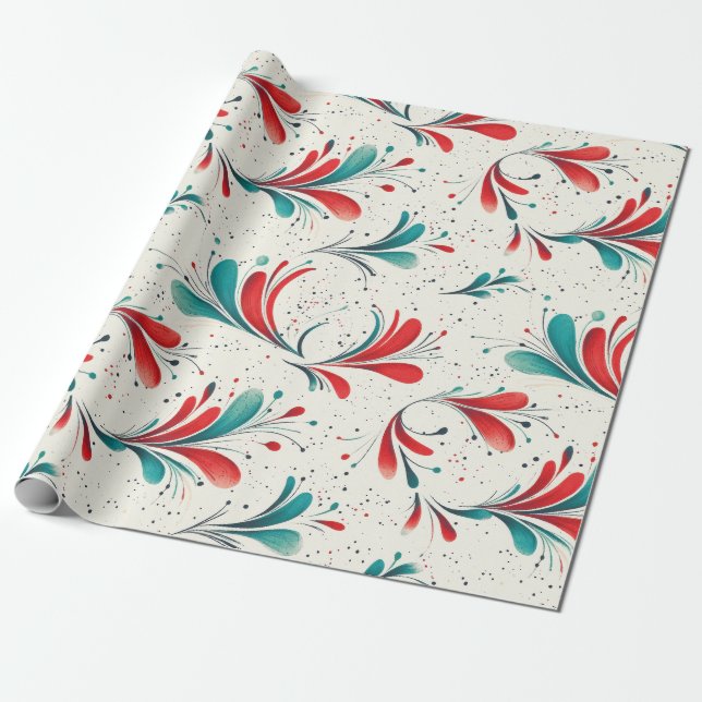 Whimsical Blue and Red Paisley Leaf Pattern (2) Wrapping Paper (Unrolled)