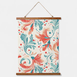 Whimsical Blue and Red Paisley Leaf Pattern Hanging Tapestry