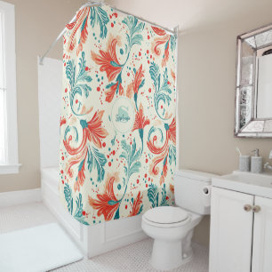 Whimsical Blue and Red Paisley Leaf Pattern Shower Curtain