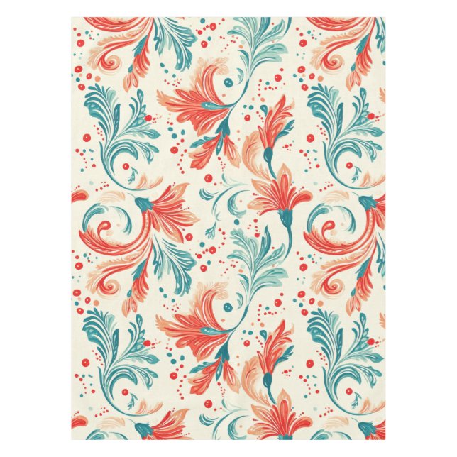 Whimsical Blue and Red Paisley Leaf Pattern Tablecloth (Front)