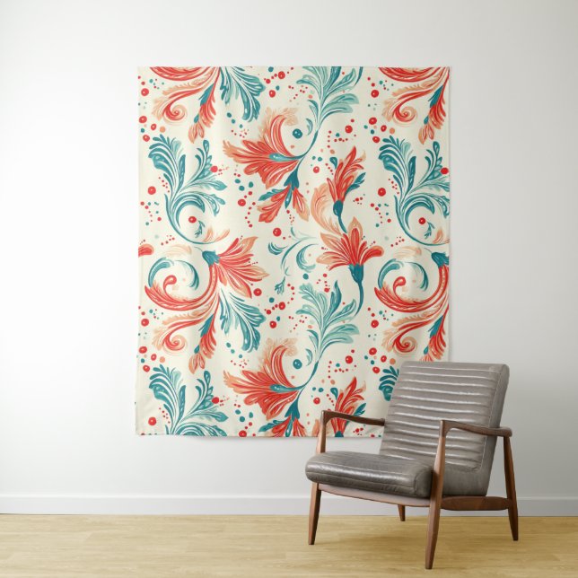 Whimsical Blue and Red Paisley Leaf Pattern Tapestry (In Situ)