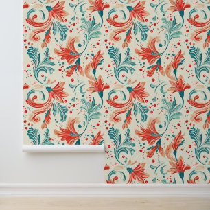 Whimsical Blue and Red Paisley Leaf Pattern Wallpaper