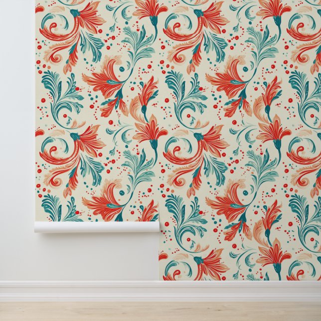 Whimsical Blue and Red Paisley Leaf Pattern Wallpaper (Application)