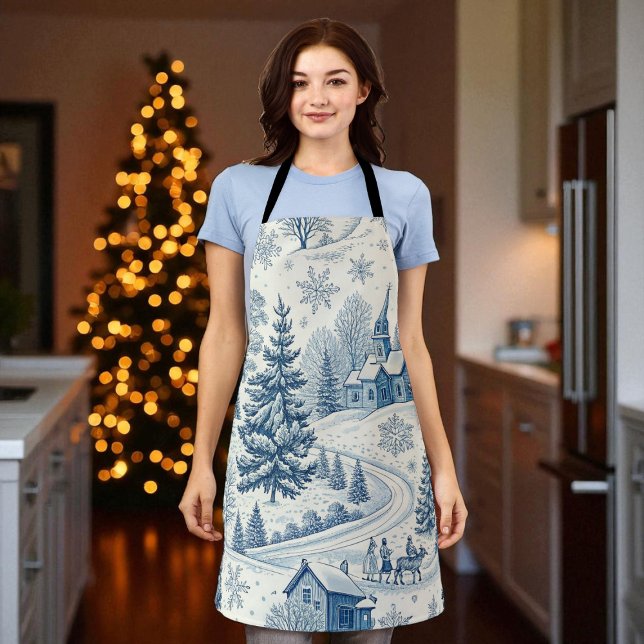 Whimsical Blue and White Christmas Winter Scene  Apron (Creator Uploaded)
