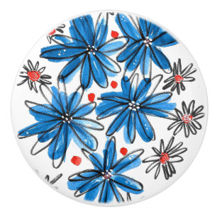 Whimsical Blue and White Flowers Ceramic Knob