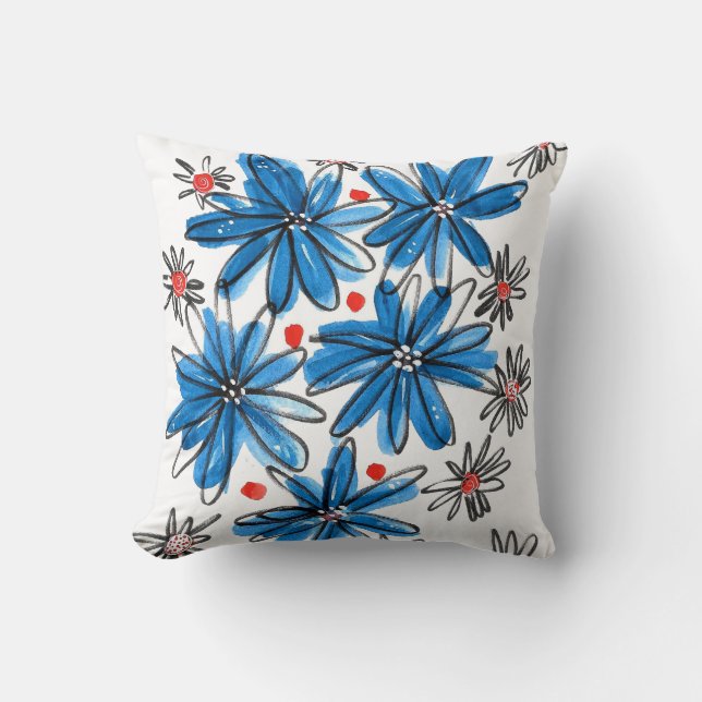 Whimsical Blue and White Flowers Cushion (Front)